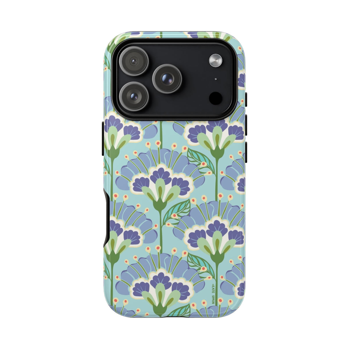 Lantern Flower Aqua Tough iPhone 18 Pro Case – Glossy | aqua, periwinkle, green botanical lantern floral print