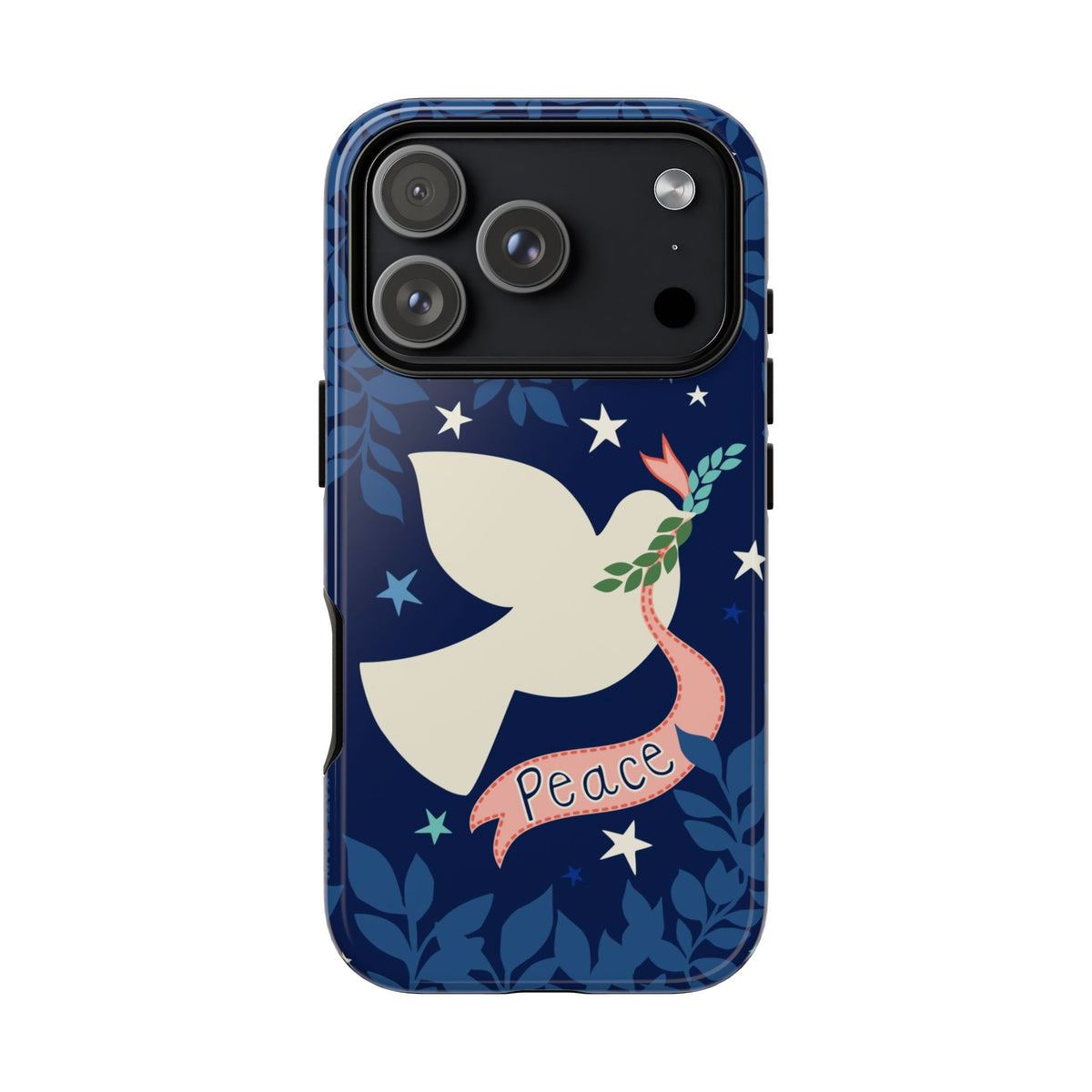 Peace Tough iPhone 18 Pro Case – Glossy | navy, cream peace dove, stars, botanical print