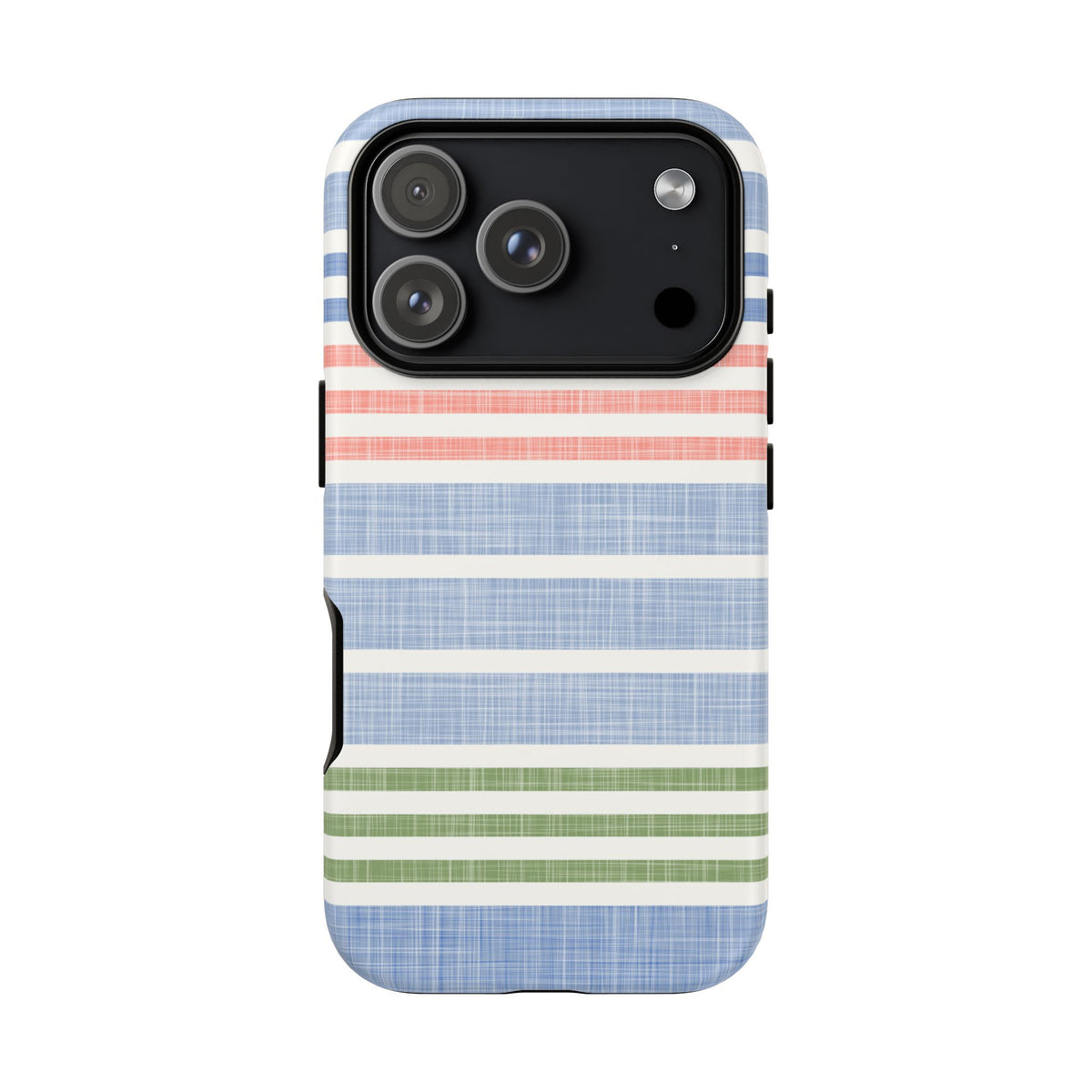 Cabana Stripe Pastel iPhone 18 Pro Case – Matte | soft blue, coral, sage green chambray-textured stripe print
