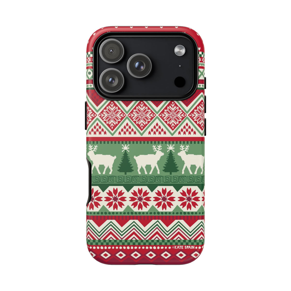 Telemark Tough iPhone 18 Pro Case – Matte | red, green, cream fair isle reindeer Nordic print