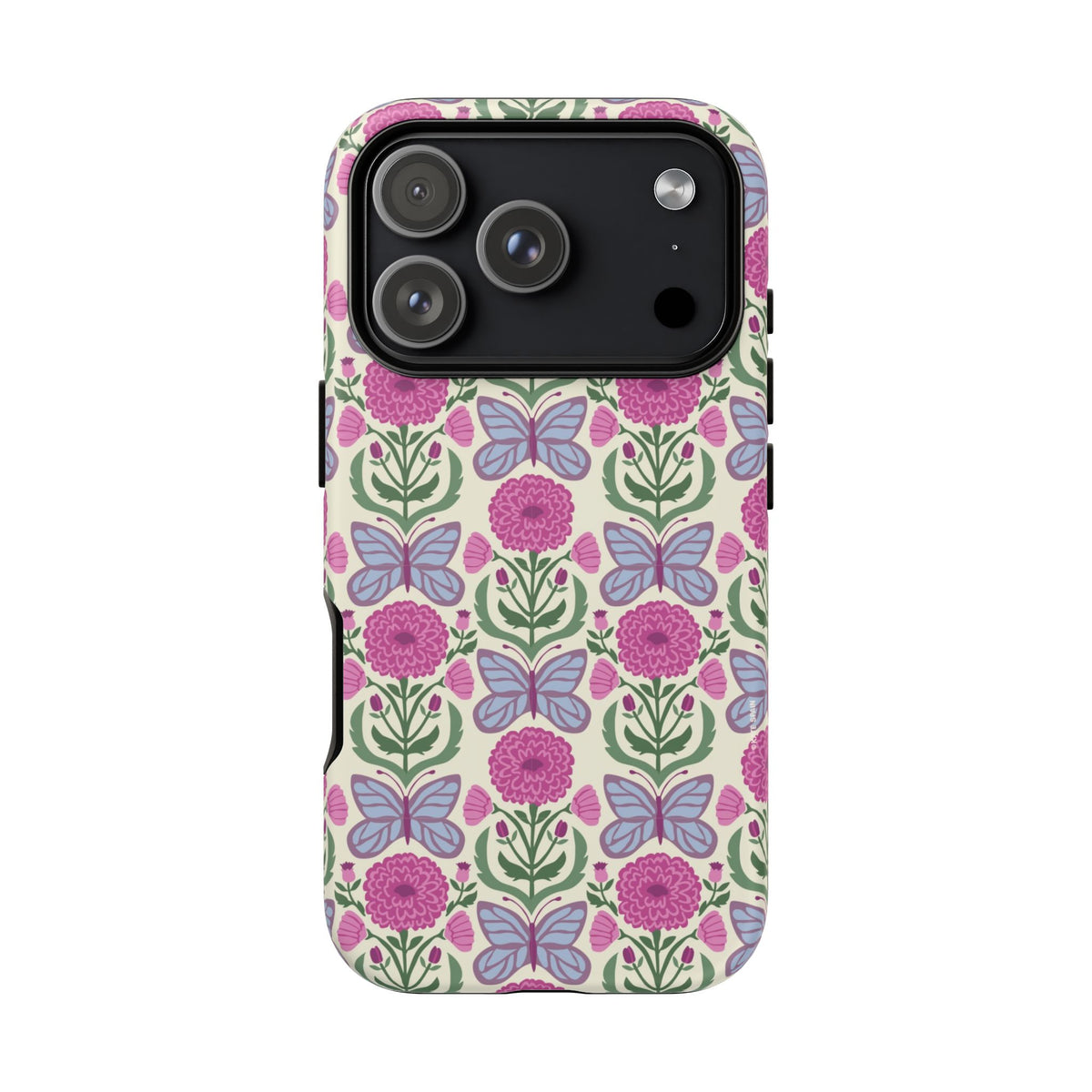 Butterfly Tough iPhone 18 Pro Case – Matte | cream, magenta, periwinkle butterfly floral print