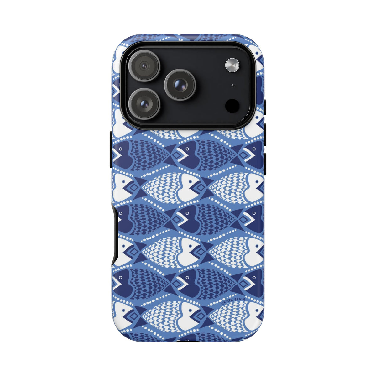 Catch of the Day Tough iPhone 18 Pro Case – Matte | navy, blue, white geometric fish print