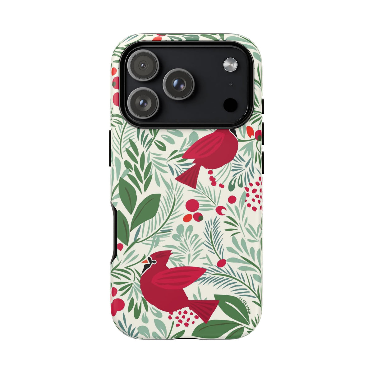 Birds and Berries Tough iPhone 18 Pro Case – Matte | cream, red, green botanical cardinal berry print