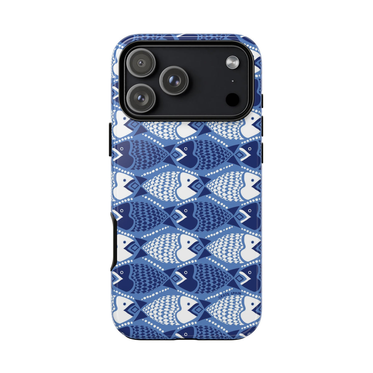 Catch of the Day Tough iPhone 18 Pro Max Case – Glossy | navy, blue, white geometric fish print
