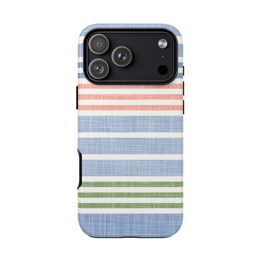 Cabana Stripe Pastel iPhone 18 Pro Max Case – Glossy | soft blue, coral, sage green chambray-textured stripe print