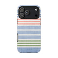 Cabana Stripe Pastel iPhone 18 Pro Max Case – Glossy | soft blue, coral, sage green chambray-textured stripe print