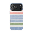 Cabana Stripe Pastel iPhone 18 Pro Max Case – Glossy | soft blue, coral, sage green chambray-textured stripe print