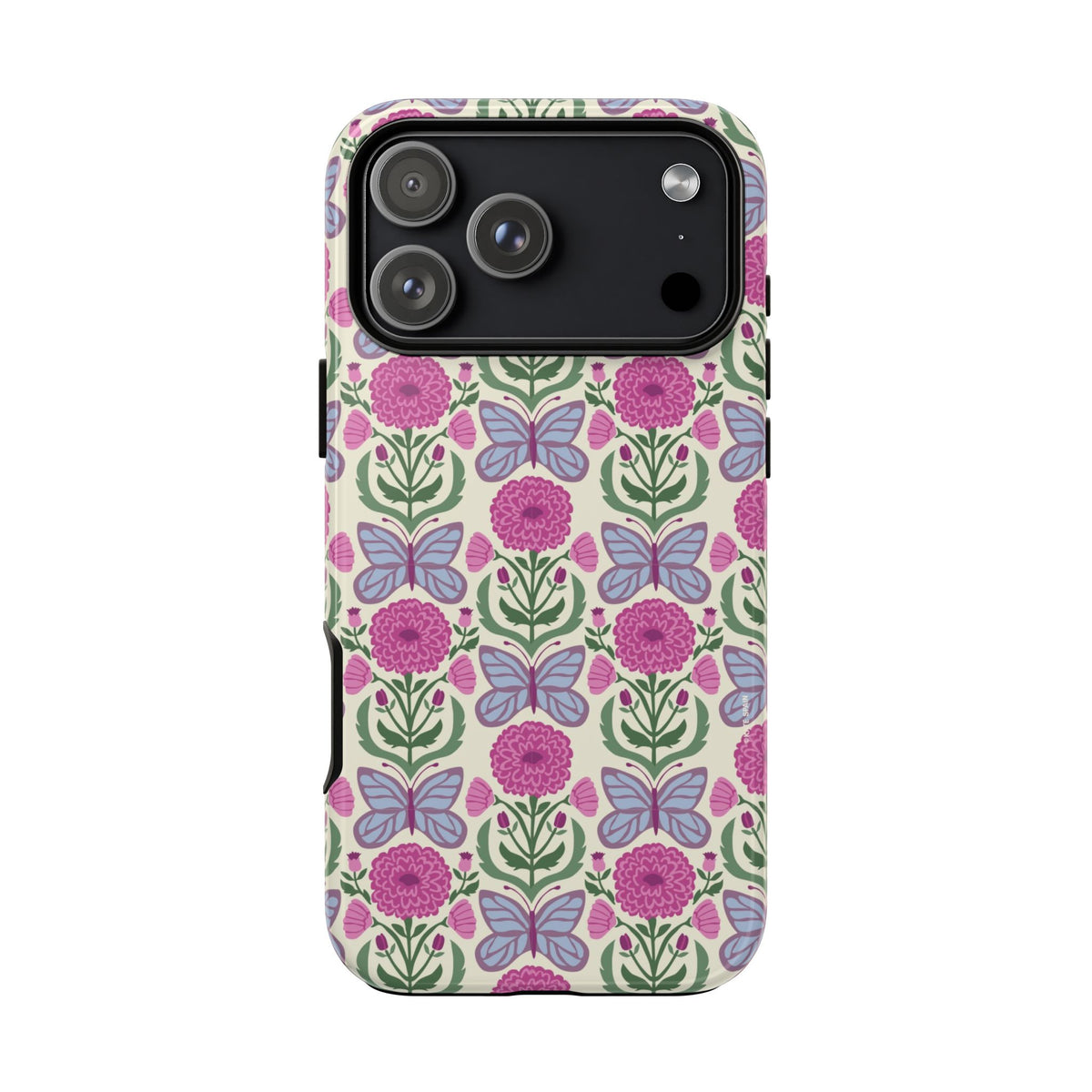 Butterfly Tough iPhone 18 Pro Max Case – Glossy | cream, magenta, periwinkle butterfly floral print