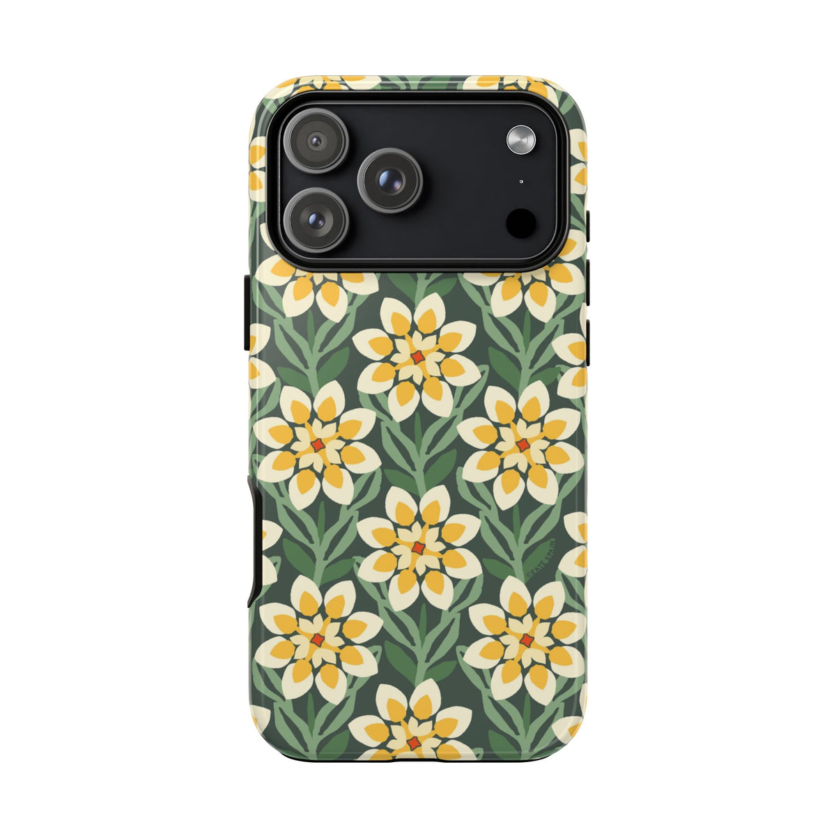 Designer Modern Dahlia Yellow Green Tough iPhone 18 Pro Max Case – Glossy | yellow, cream, green dahlia floral print