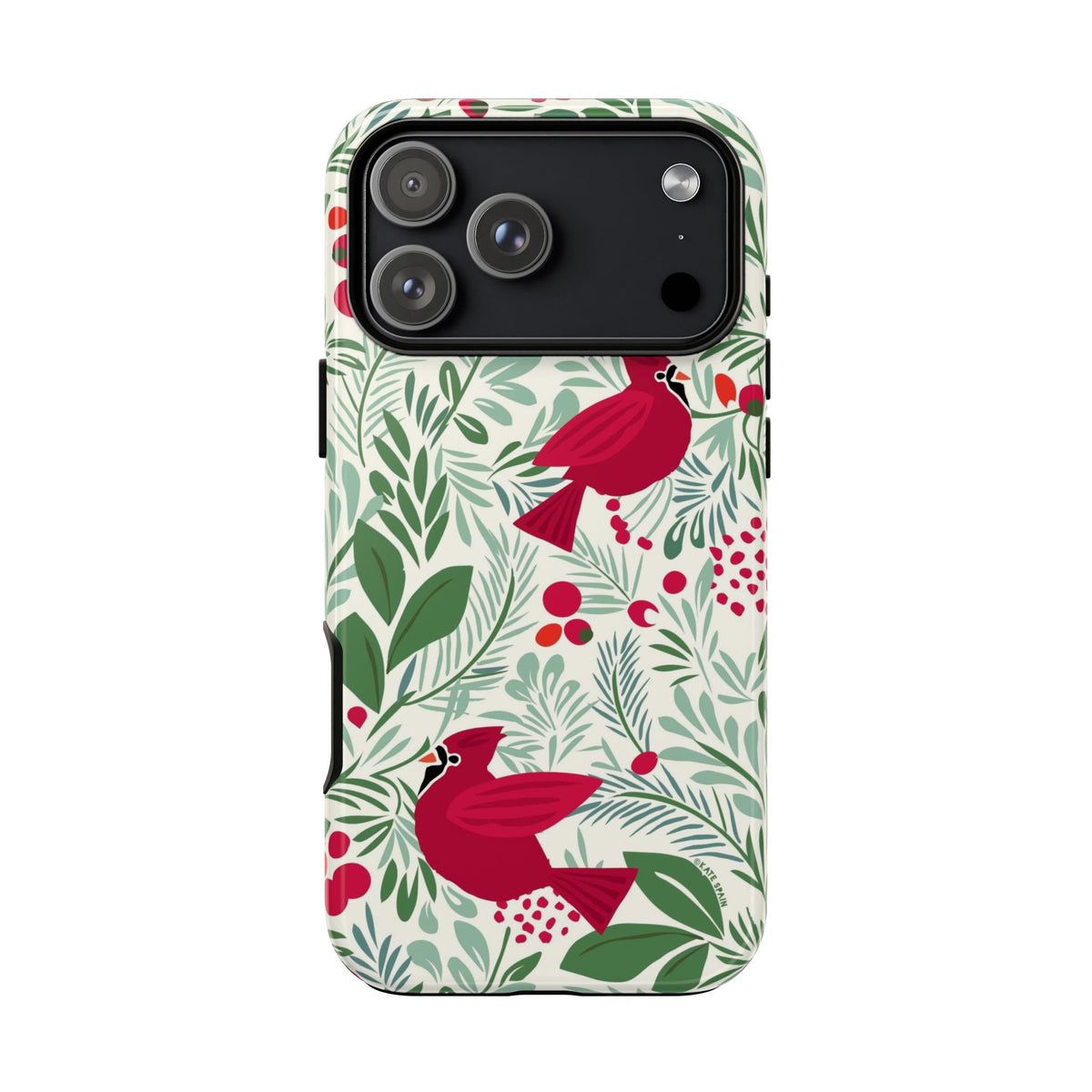 Birds and Berries Tough iPhone 18 Pro Max Case – Glossy | cream, red, green botanical cardinal berry print