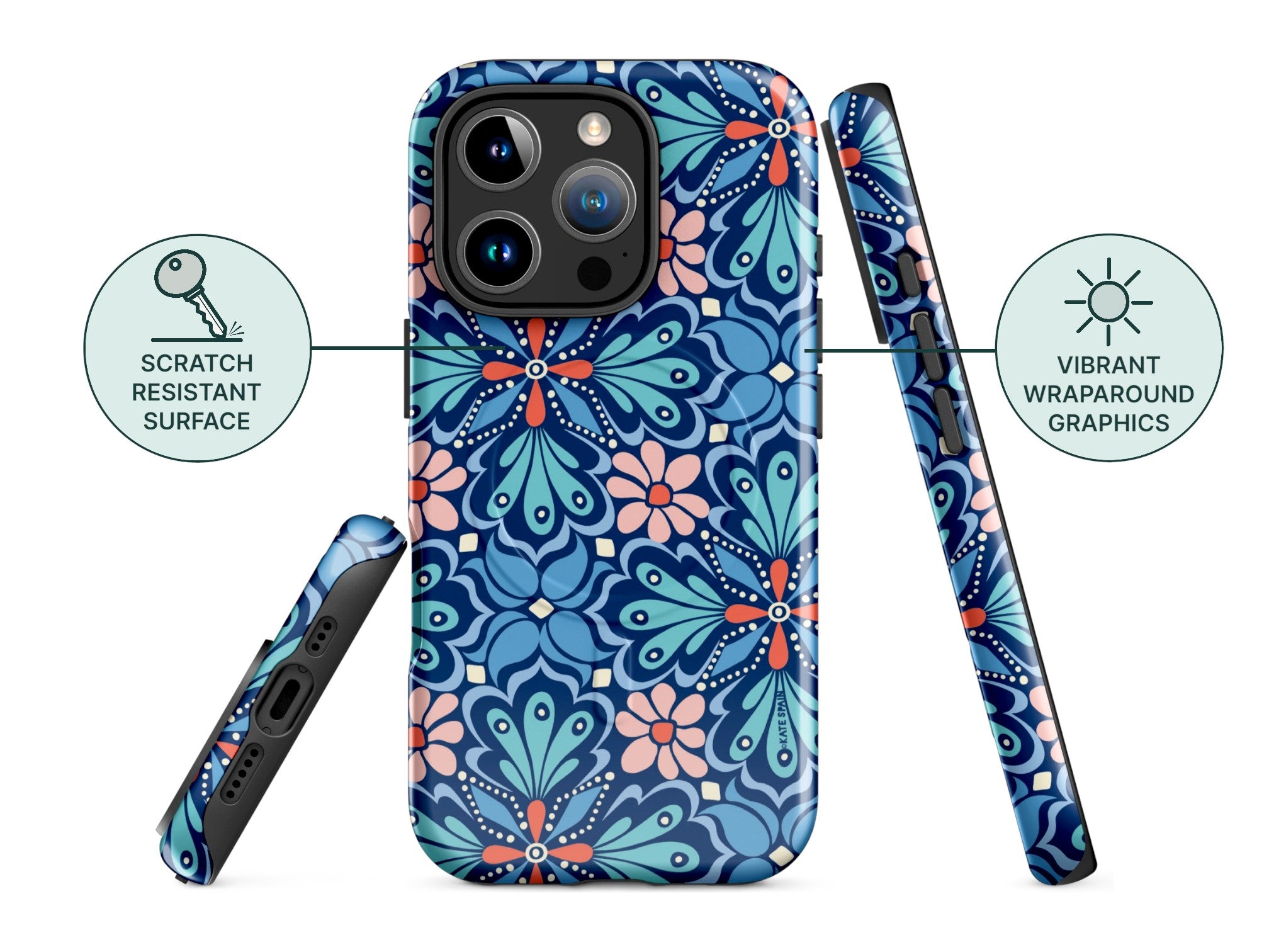 Phone case with blue floral design, scratch-resistant surface, and vibrant graphics on a white background.