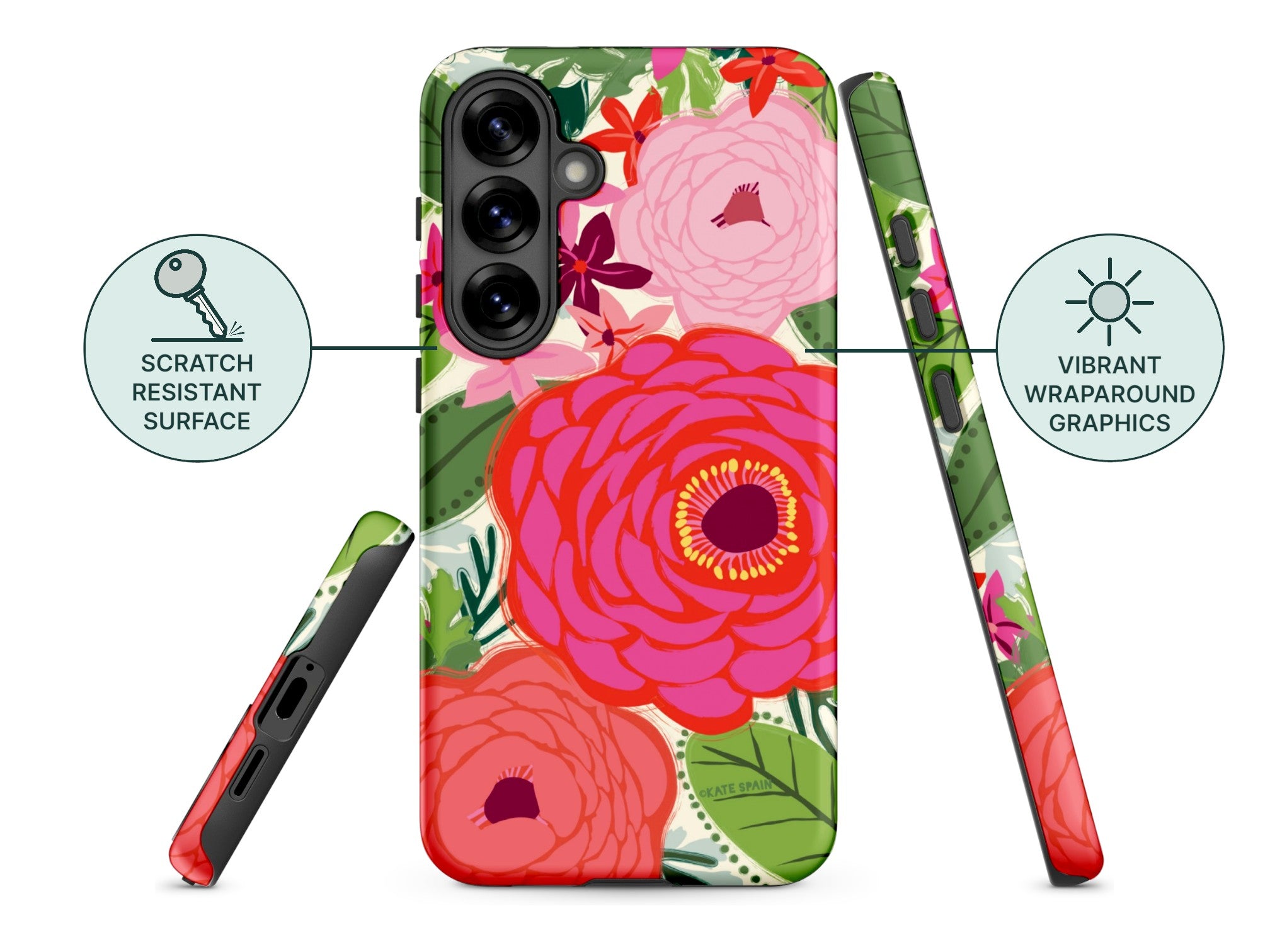 Floral phone case with scratch-resistant surface and vibrant graphics on a white background