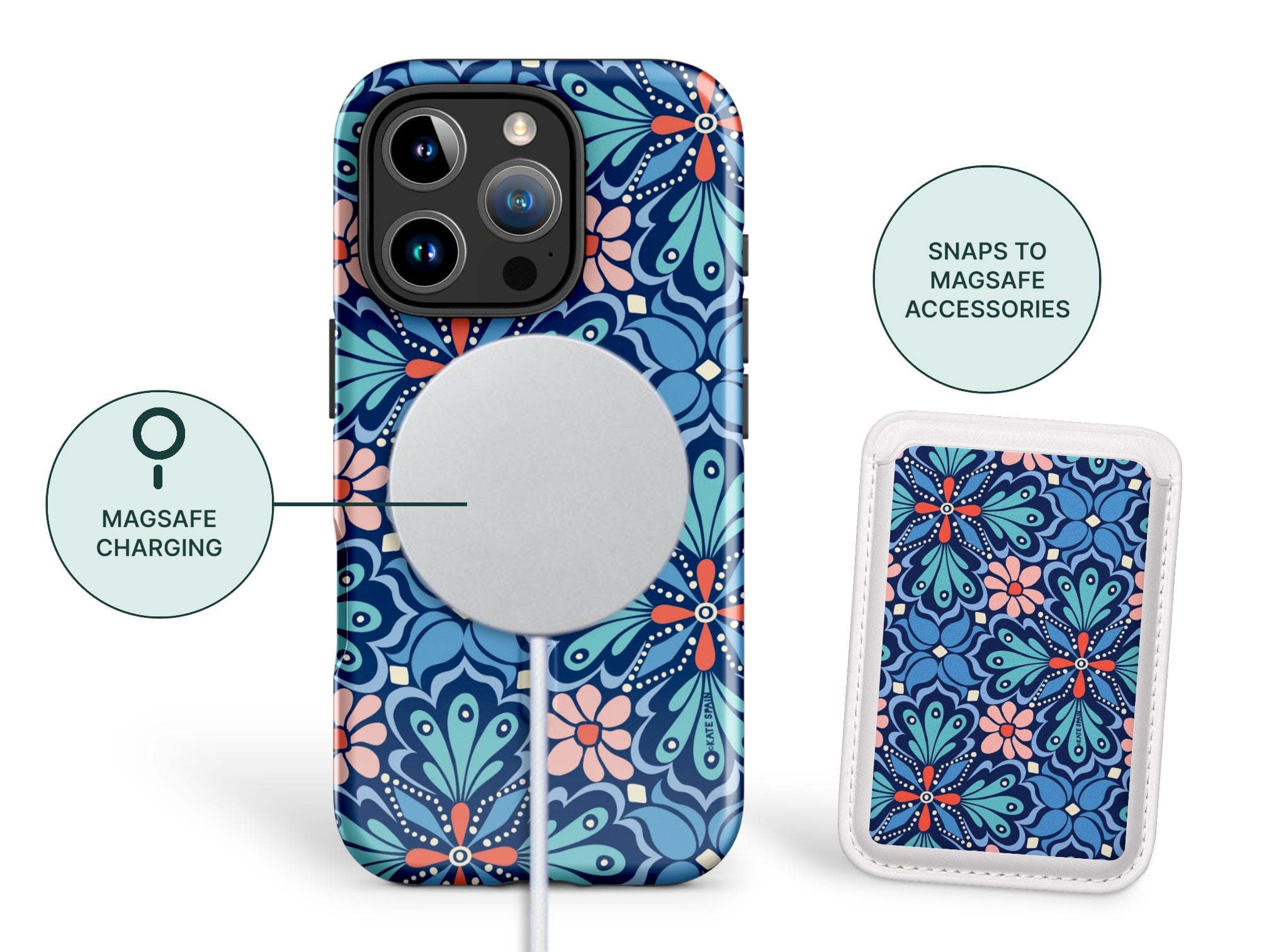 Phone case with floral design and magnetic features on a white background