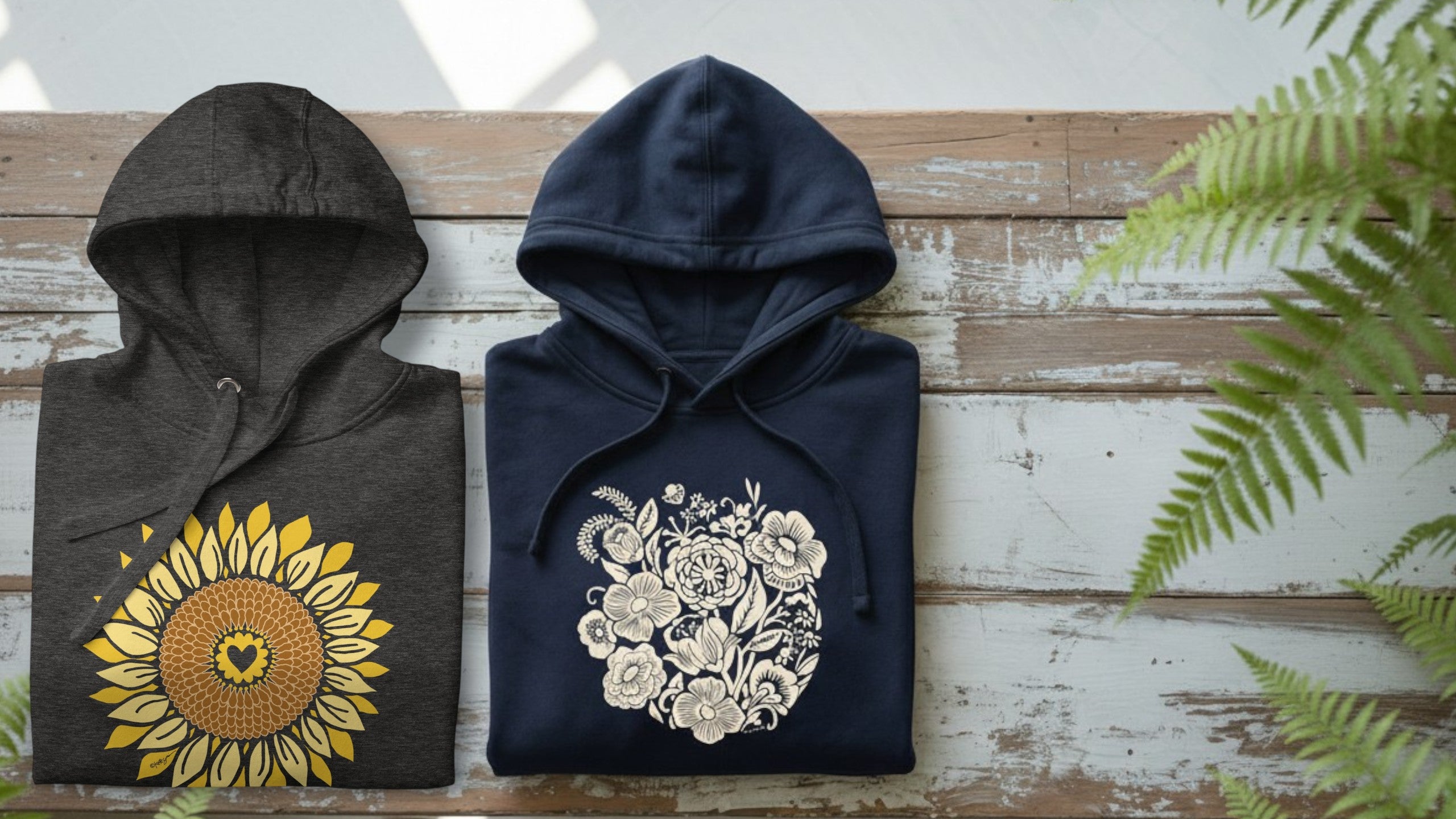 Two hoodies with floral and sunflower designs on a wooden surface with ferns in the background.