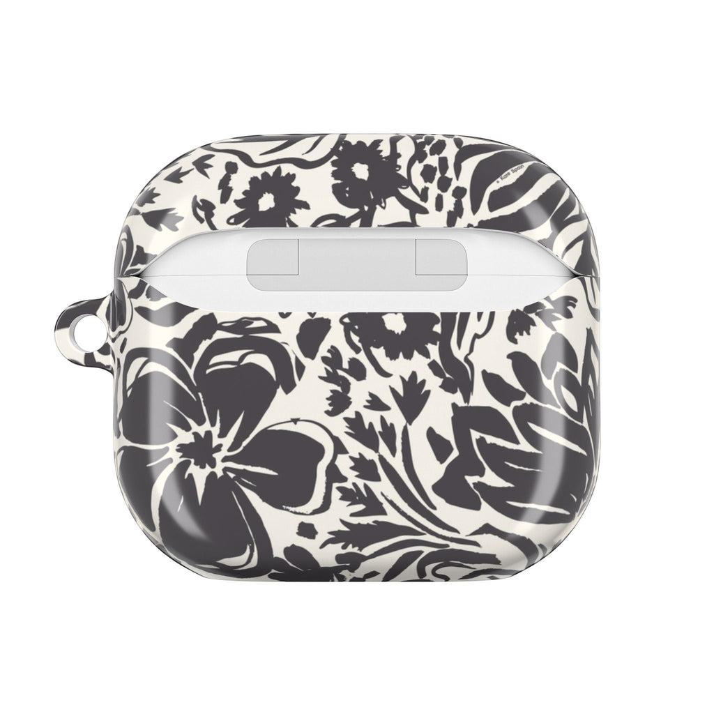 floriori AirPods case with sophisticated and energetic hand painted flower silhouettes. black floral on a cream glossy background. back view