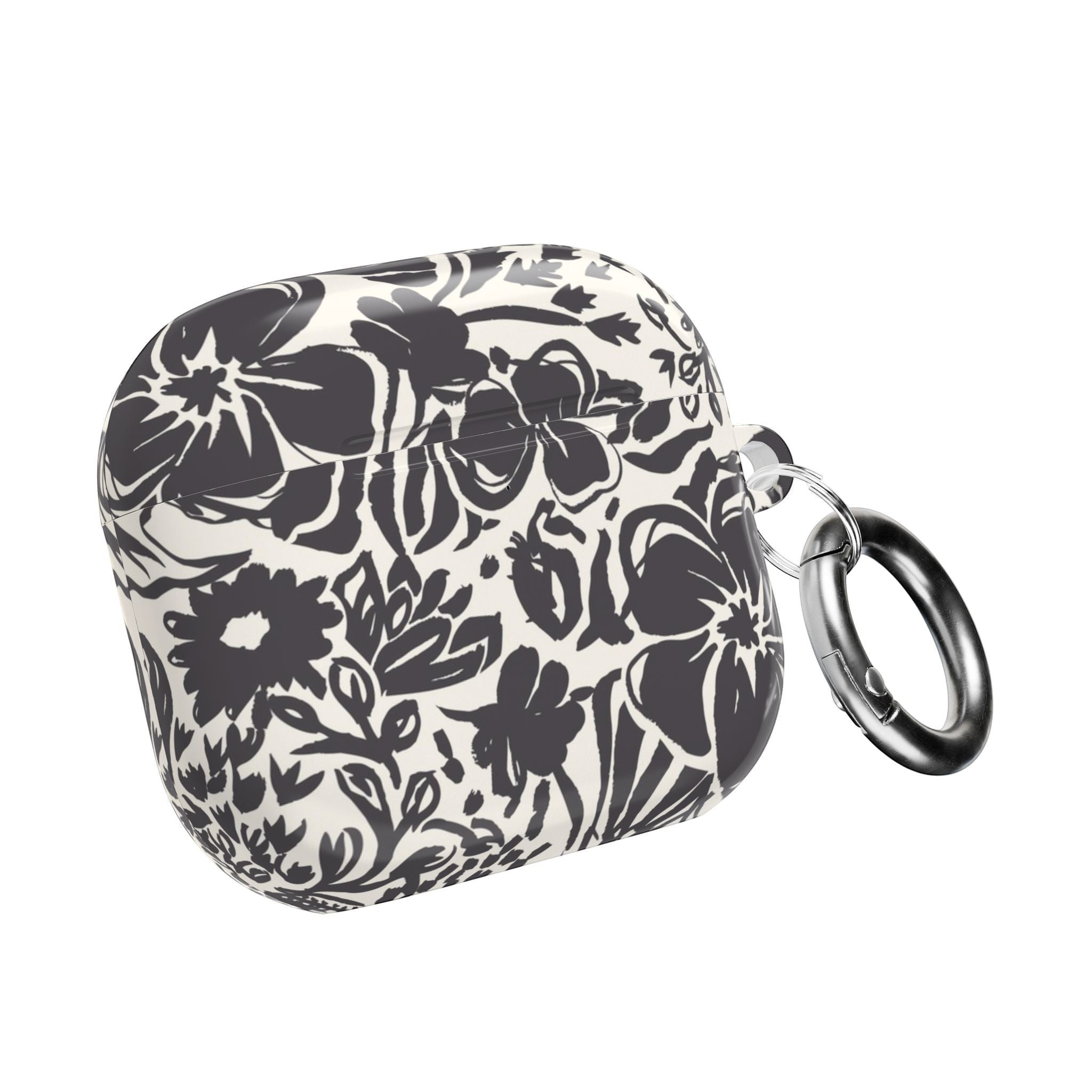 floriori AirPods case with sophisticated and energetic hand painted flower silhouettes. black floral on a cream glossy background. back view