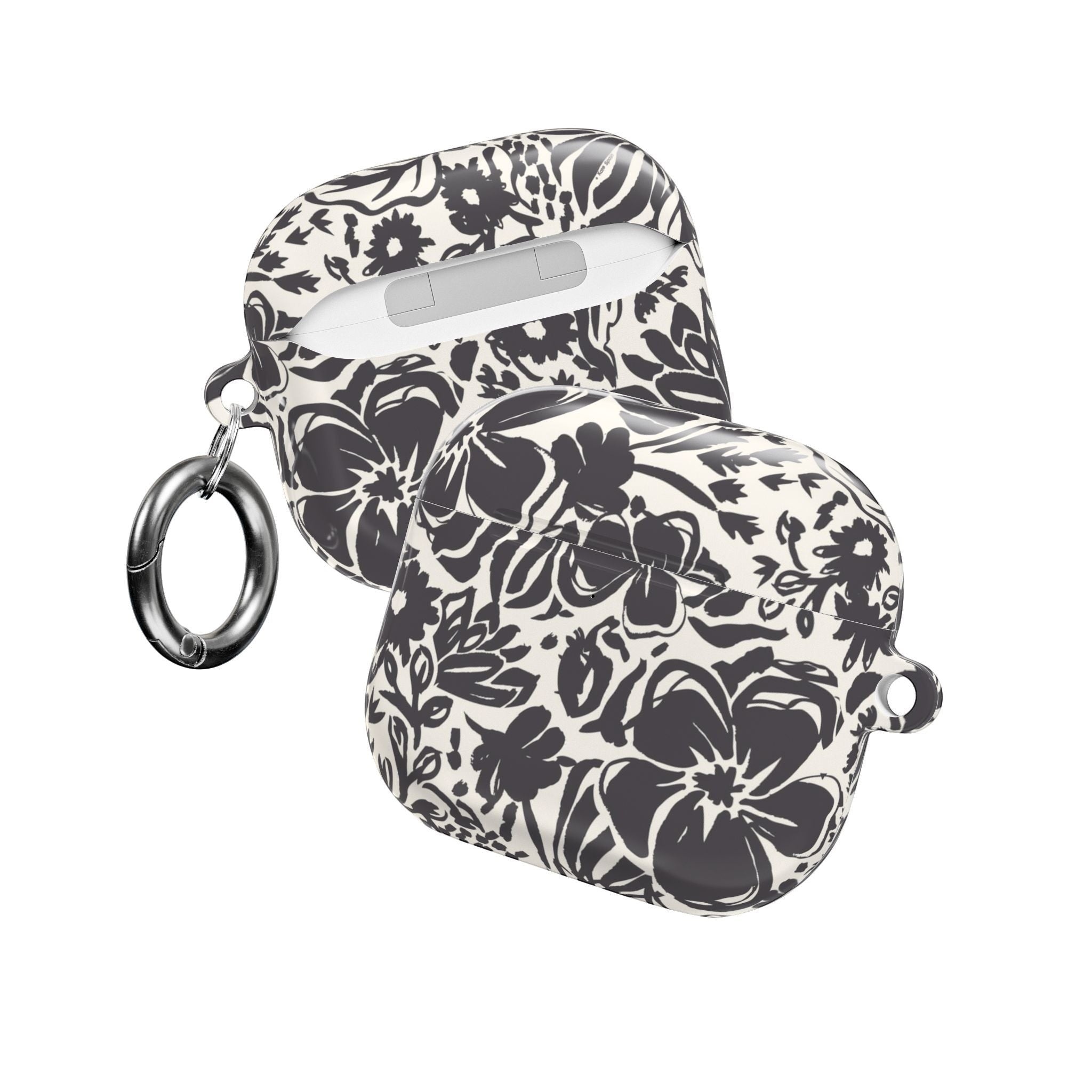 floriori AirPods case with sophisticated and energetic hand painted flower silhouettes. black floral on a cream glossy background. front and back view