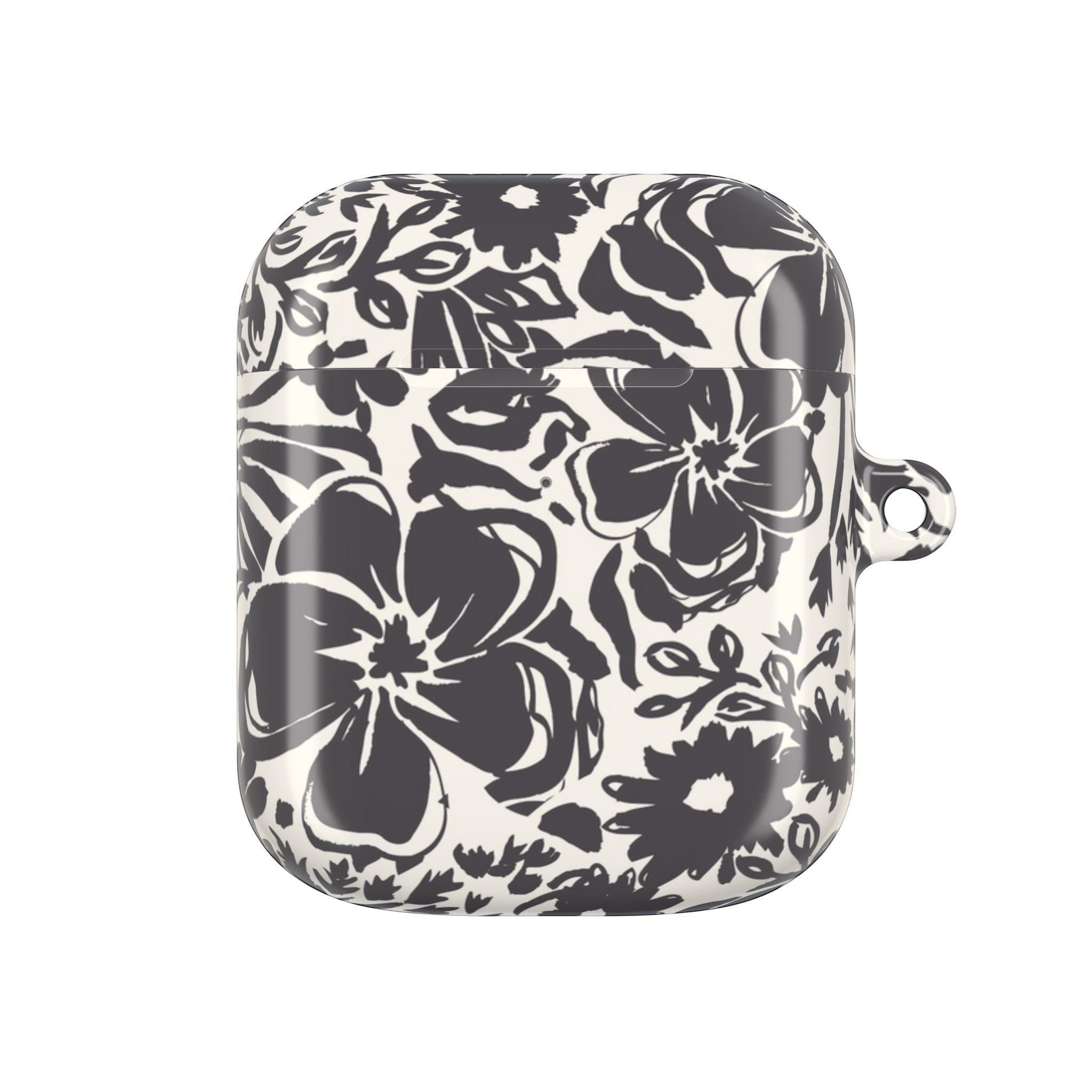 floriori AirPods Gen 1 case with sophisticated and energetic hand painted flower silhouettes. black floral on a cream glossy background.