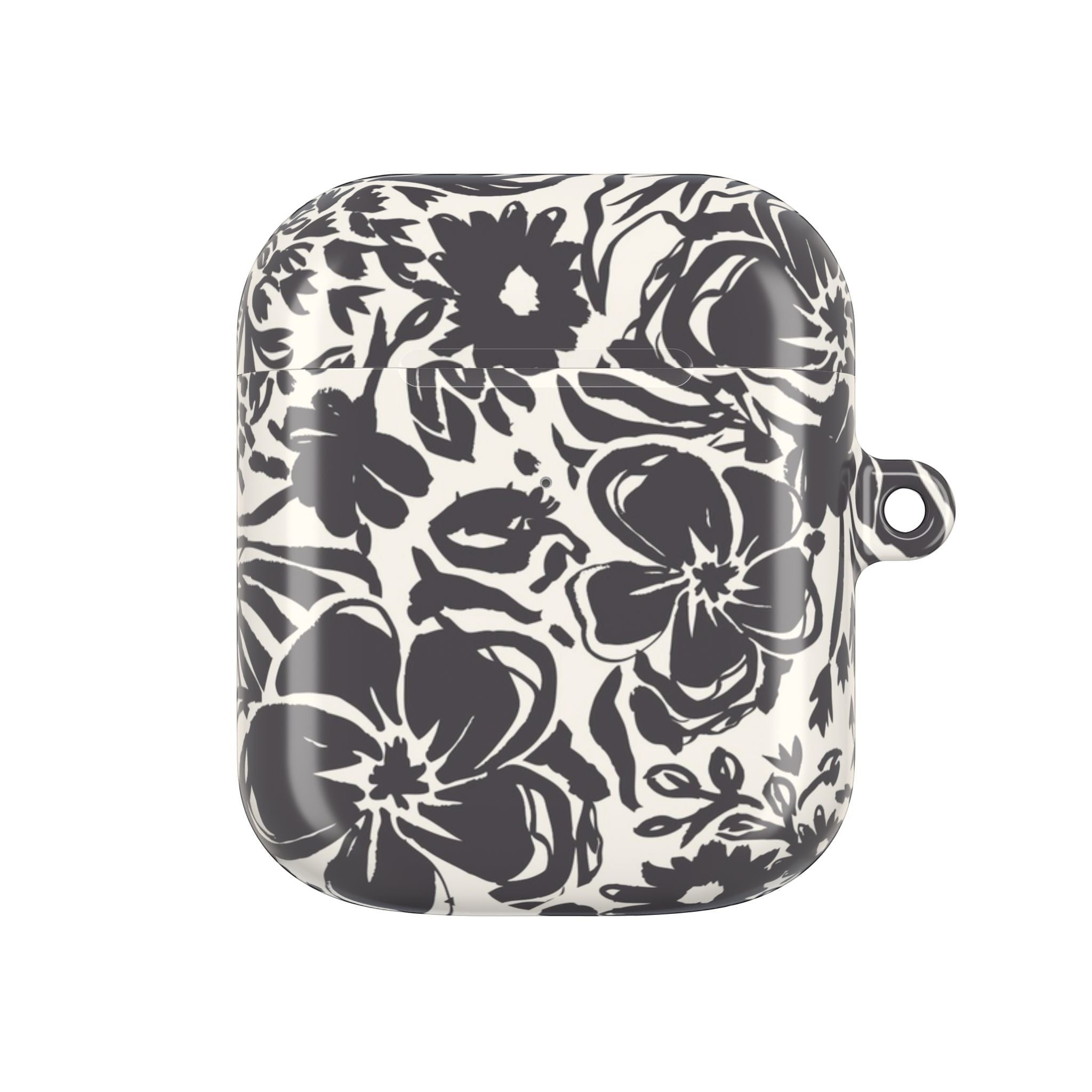 floriori AirPods Gen 2 case with sophisticated and energetic hand painted flower silhouettes. black floral on a cream glossy background.
