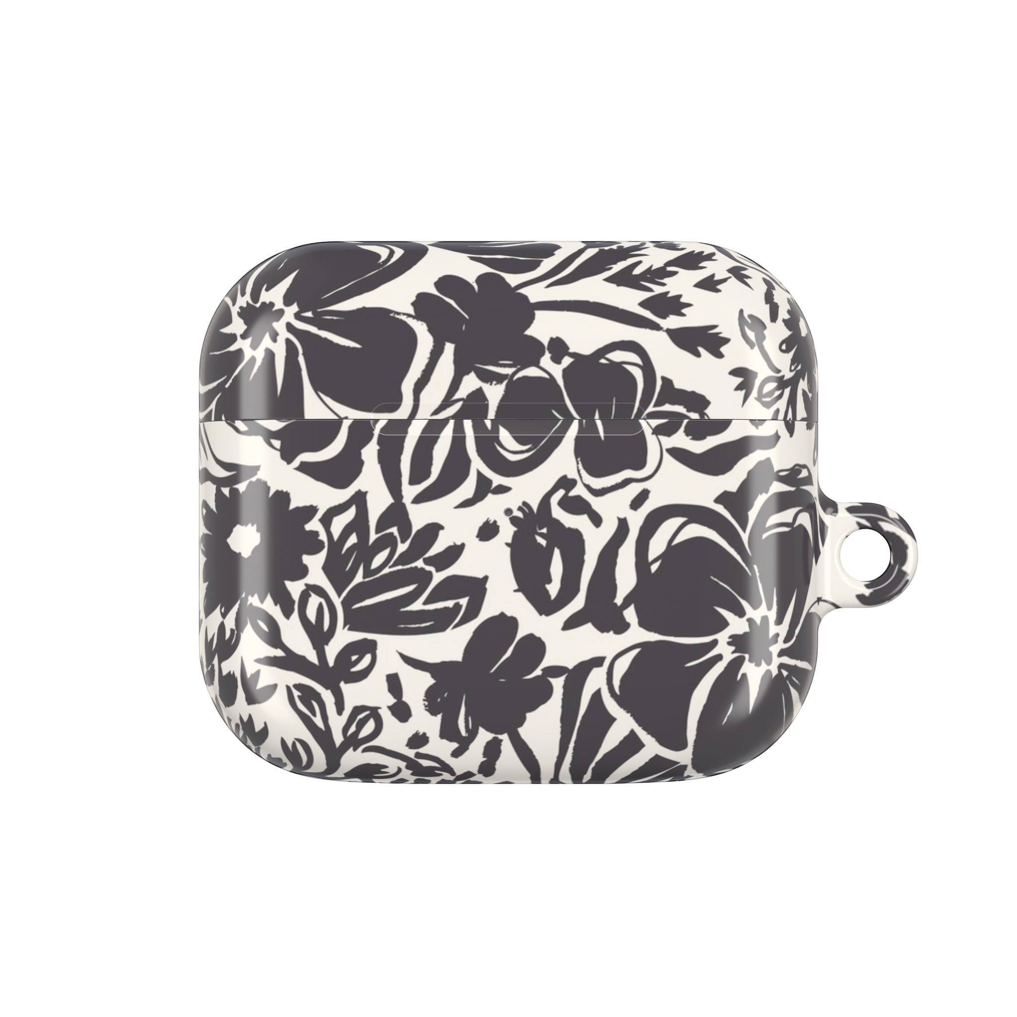 floriori AirPods Gen 3 case with sophisticated and energetic hand painted flower silhouettes. black floral on a cream glossy background.