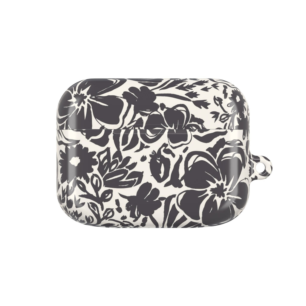 floriori AirPods Pro Gen 1 case with sophisticated and energetic hand painted flower silhouettes. black floral on a cream glossy background.