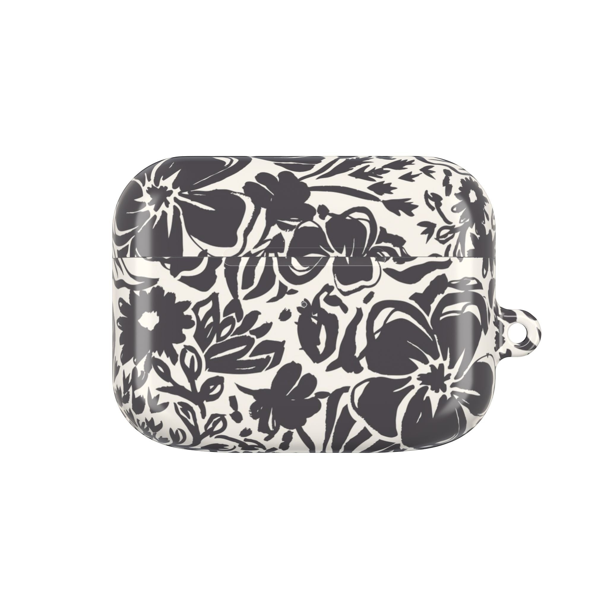 floriori AirPods Pro Gen 1 case with sophisticated and energetic hand painted flower silhouettes. black floral on a cream glossy background.