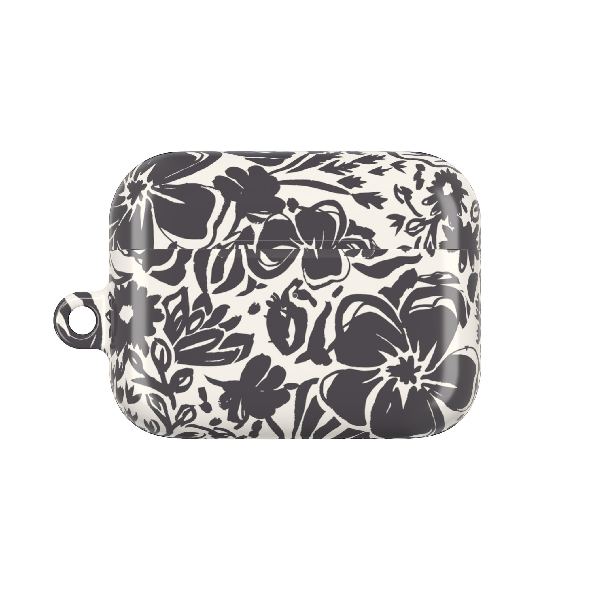 floriori AirPods Pro Gen 2 case with sophisticated and energetic hand painted flower silhouettes. black floral on a cream glossy background.