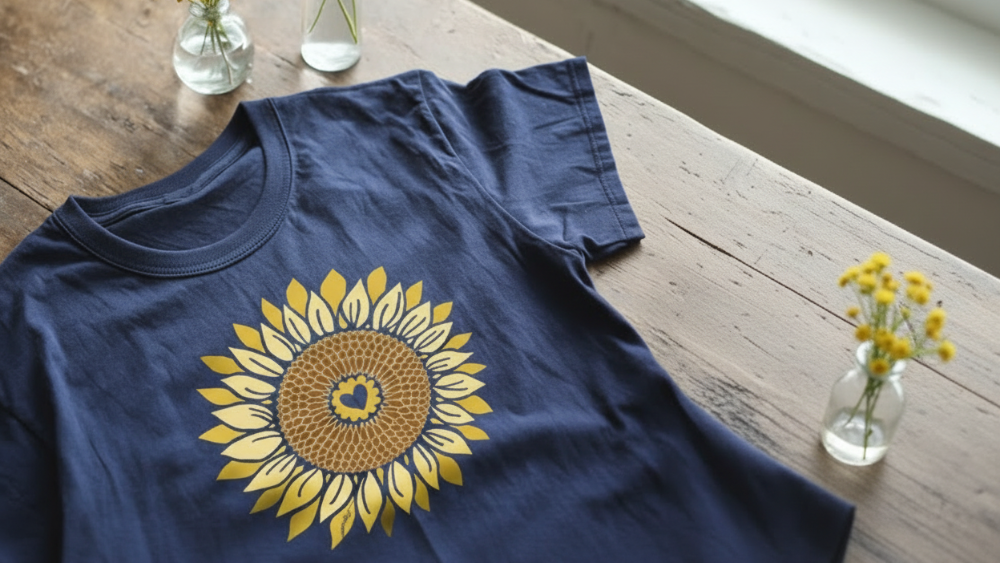 Navy blue t-shirt with a yellow sunflower design on a wooden surface.