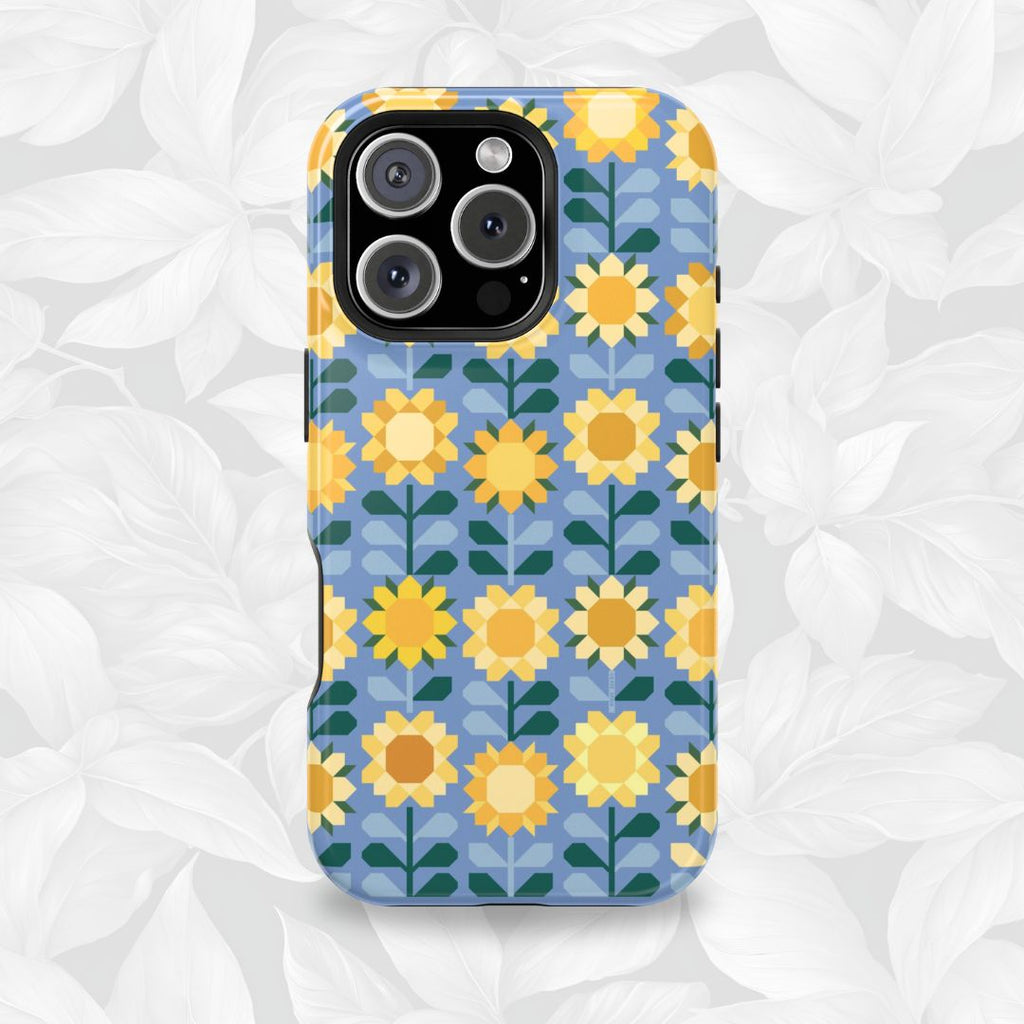 Sunflowers Tough iPhone 16 Pro Max Case – Glossy | blue, yellow, gold geometric sunflower print