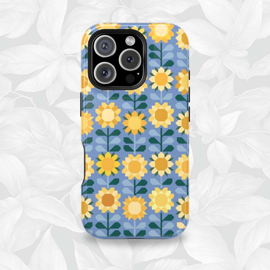 Sunflowers Tough iPhone 16 Pro Max Case – Glossy | blue, yellow, gold geometric sunflower print