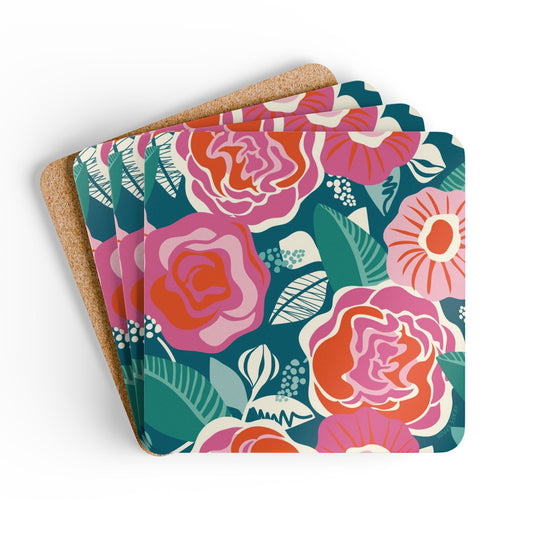 Set of floral coasters with a cork backing on a white background