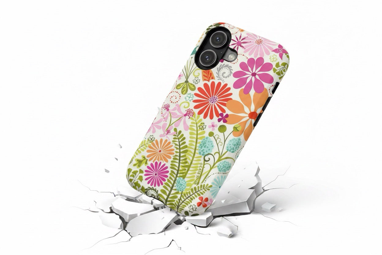 Colorful floral phone case with a white background. Drop tested.