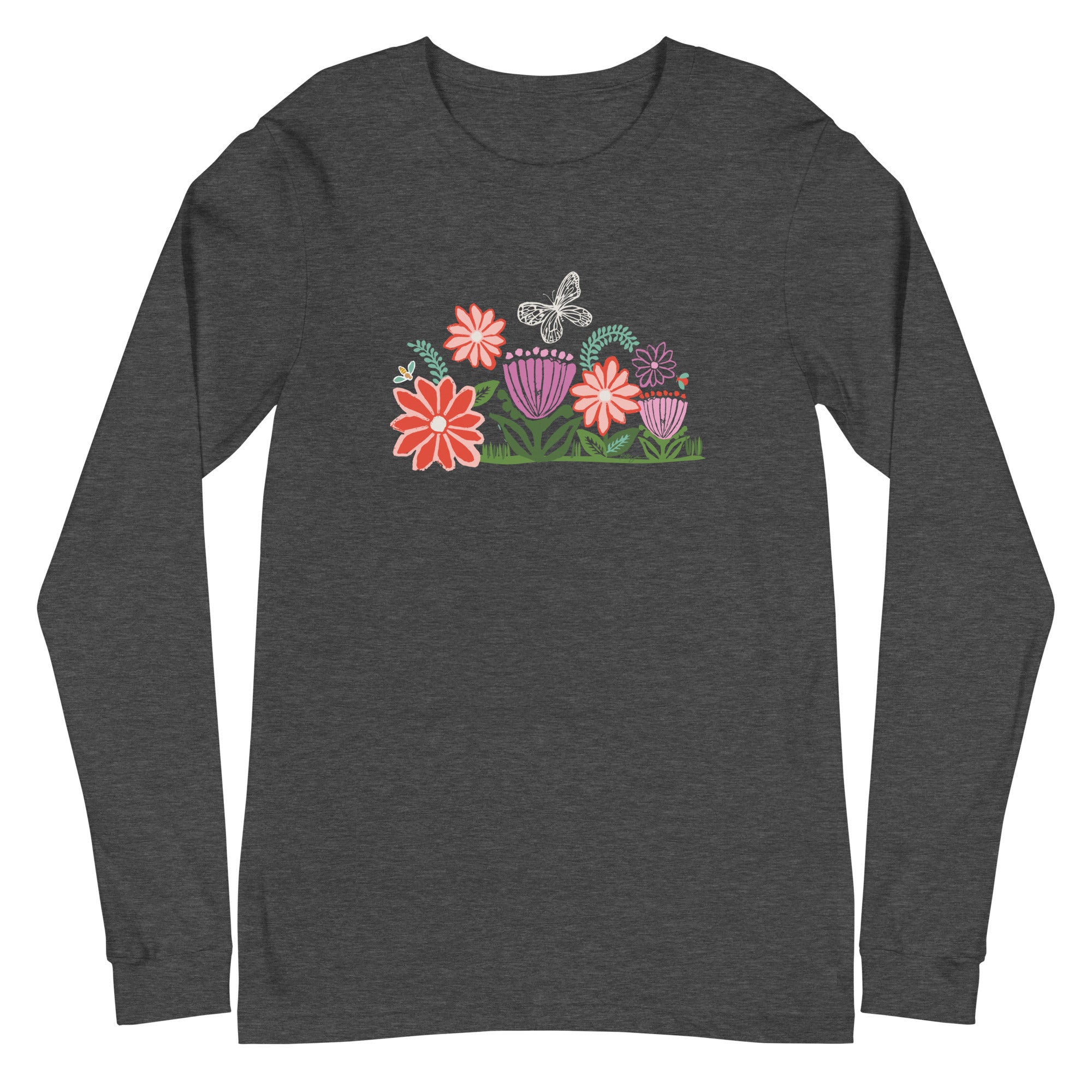 Bloom Long Sleeve T-Shirt Dark Grey Heather with butterfly, ladybug, bee and woodblock carved artistic flowers.