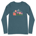 Bloom Long Sleeve T-Shirt Heather Deep Teal with butterfly, ladybug, bee and woodblock carved artistic flowers.