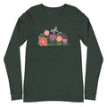 Bloom Long Sleeve T-Shirt Heather Forest Green with butterfly, ladybug, bee and woodblock carved artistic flowers.