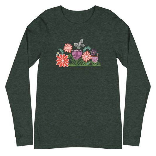 Bloom Long Sleeve T-Shirt Heather Forest Green with butterfly, ladybug, bee and woodblock carved artistic flowers.