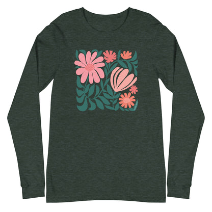 Minimalist floral graphic design with modern botanical illustrations printed on a high quality long sleeve heather forest green colored t-shirt.