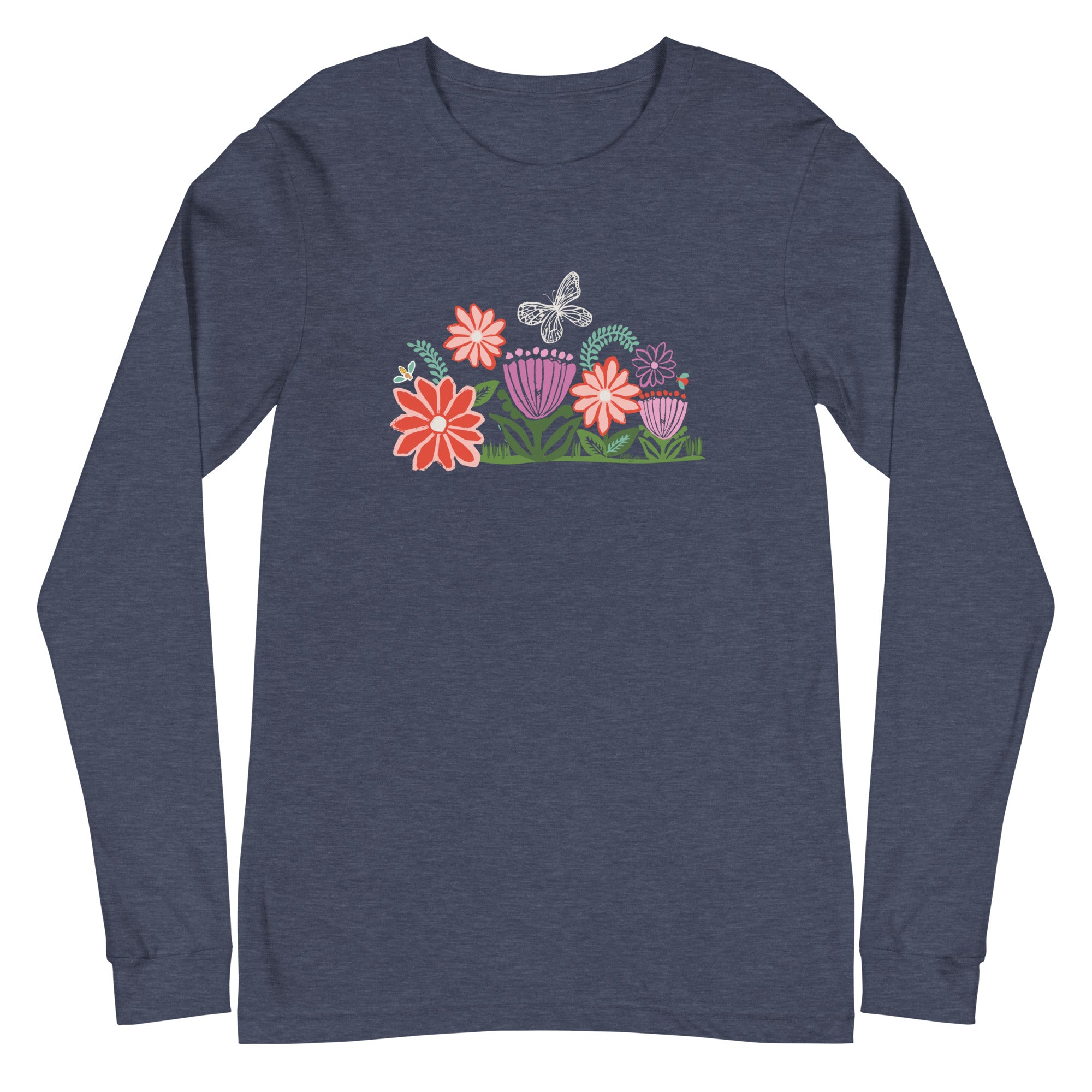 Bloom Long Sleeve T-Shirt Heather Navy with butterfly, ladybug, bee and woodblock carved artistic flowers.