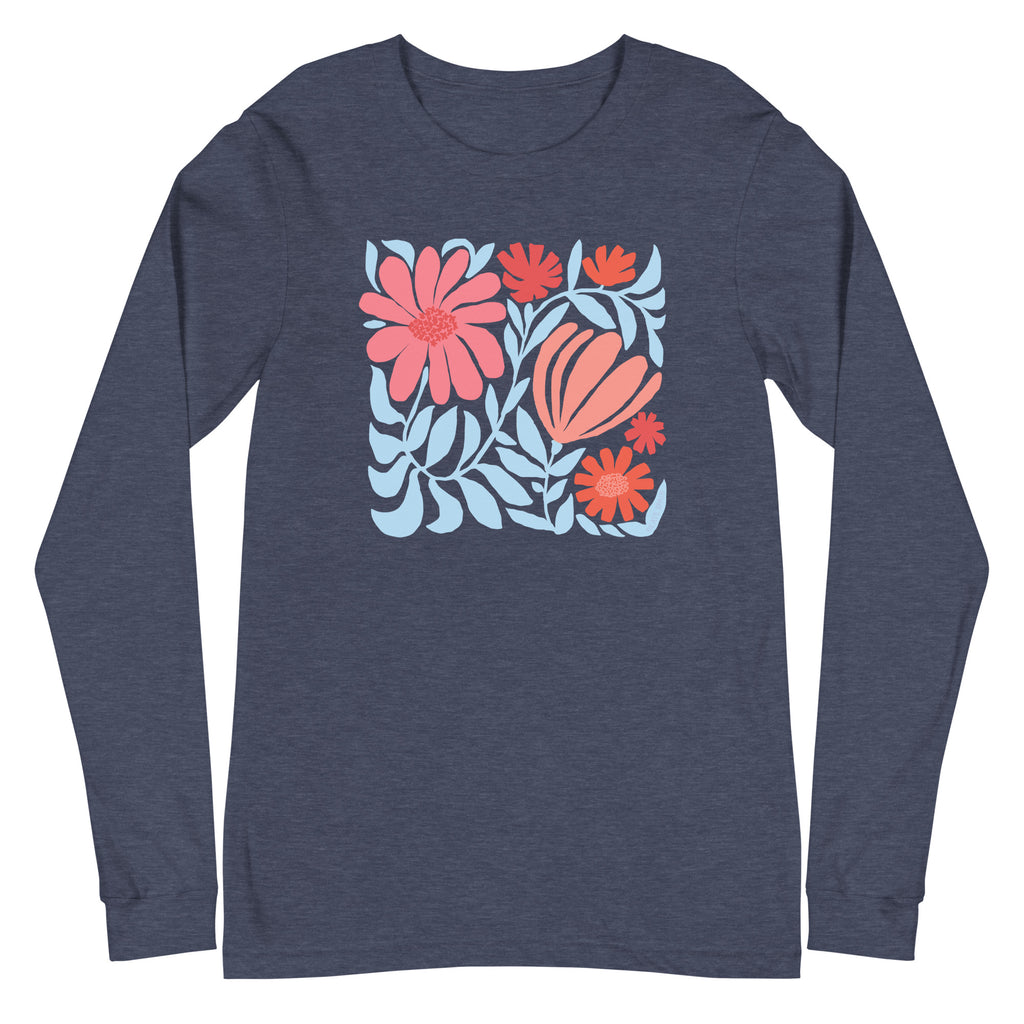 Minimalist floral graphic design with modern botanical illustrations printed on a high quality long sleeve heather navy t-shirt.