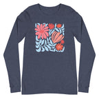 Minimalist floral graphic design with modern botanical illustrations printed on a high quality long sleeve heather navy t-shirt.