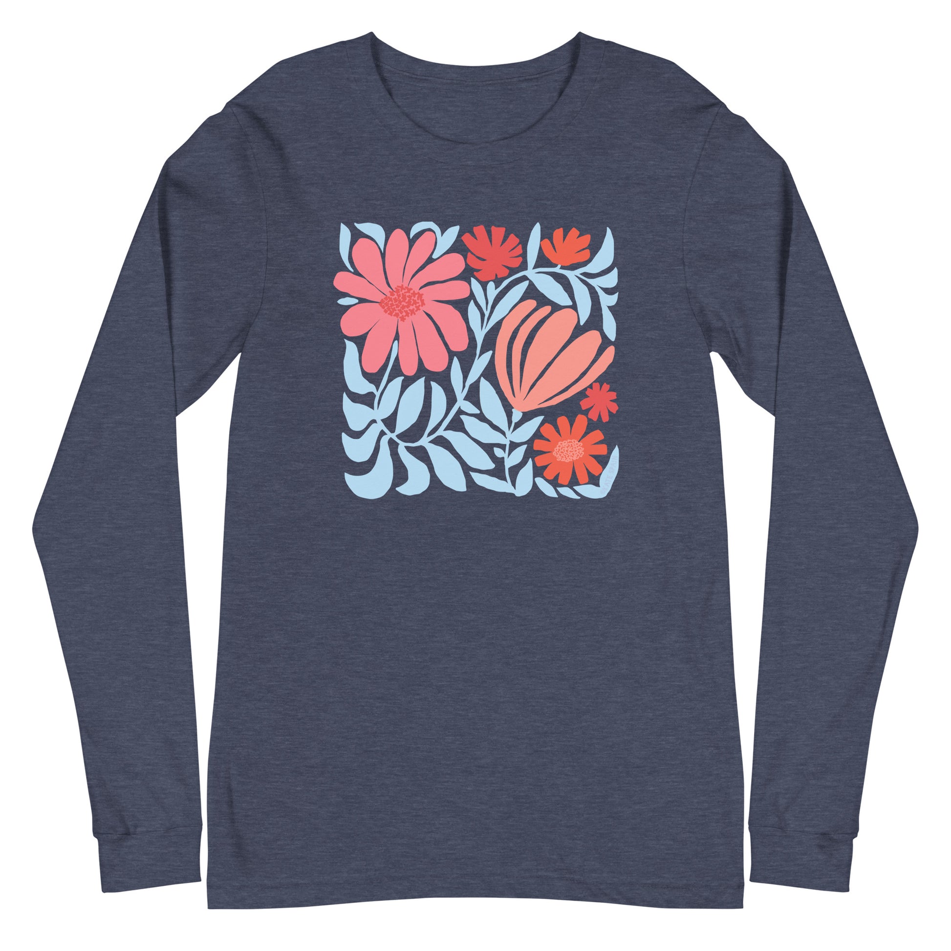 Minimalist floral graphic design with modern botanical illustrations printed on a high quality long sleeve heather navy t-shirt.
