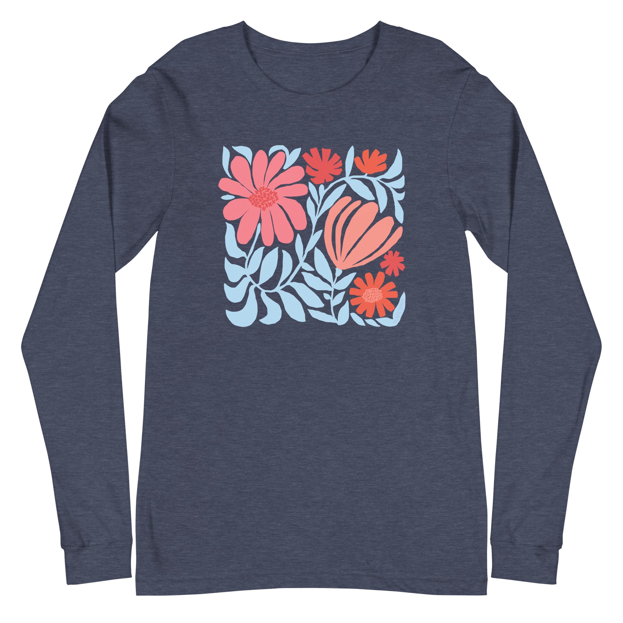 Minimalist floral graphic design with modern botanical illustrations printed on a high quality long sleeve heather navy t-shirt.