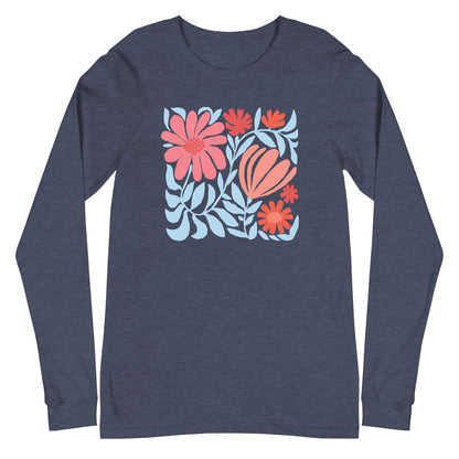 Minimalist floral graphic design with modern botanical illustrations printed on a high quality long sleeve heather navy t-shirt.