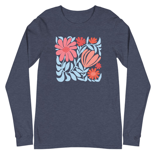 Minimalist floral graphic design with modern botanical illustrations printed on a high quality long sleeve heather navy t-shirt.