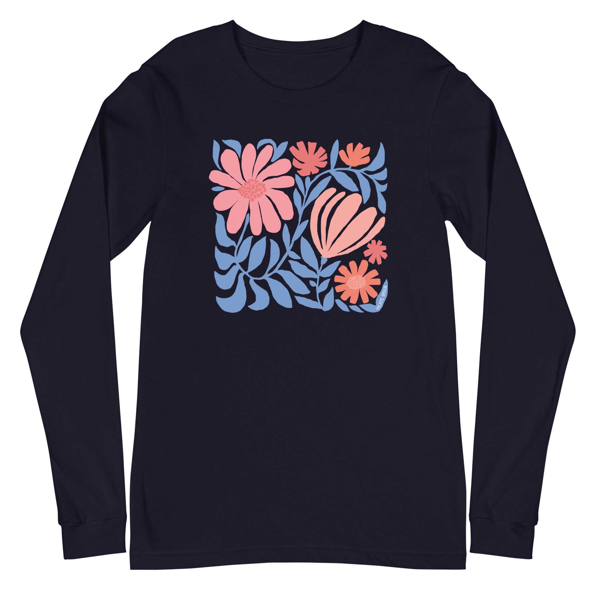 Minimalist floral graphic design with modern botanical illustrations printed on a high quality long sleeve navy blue t-shirt.