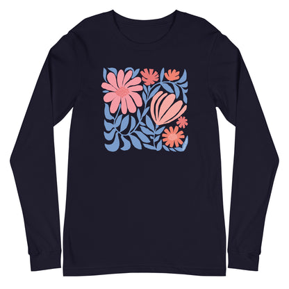Minimalist floral graphic design with modern botanical illustrations printed on a high quality long sleeve navy blue t-shirt.