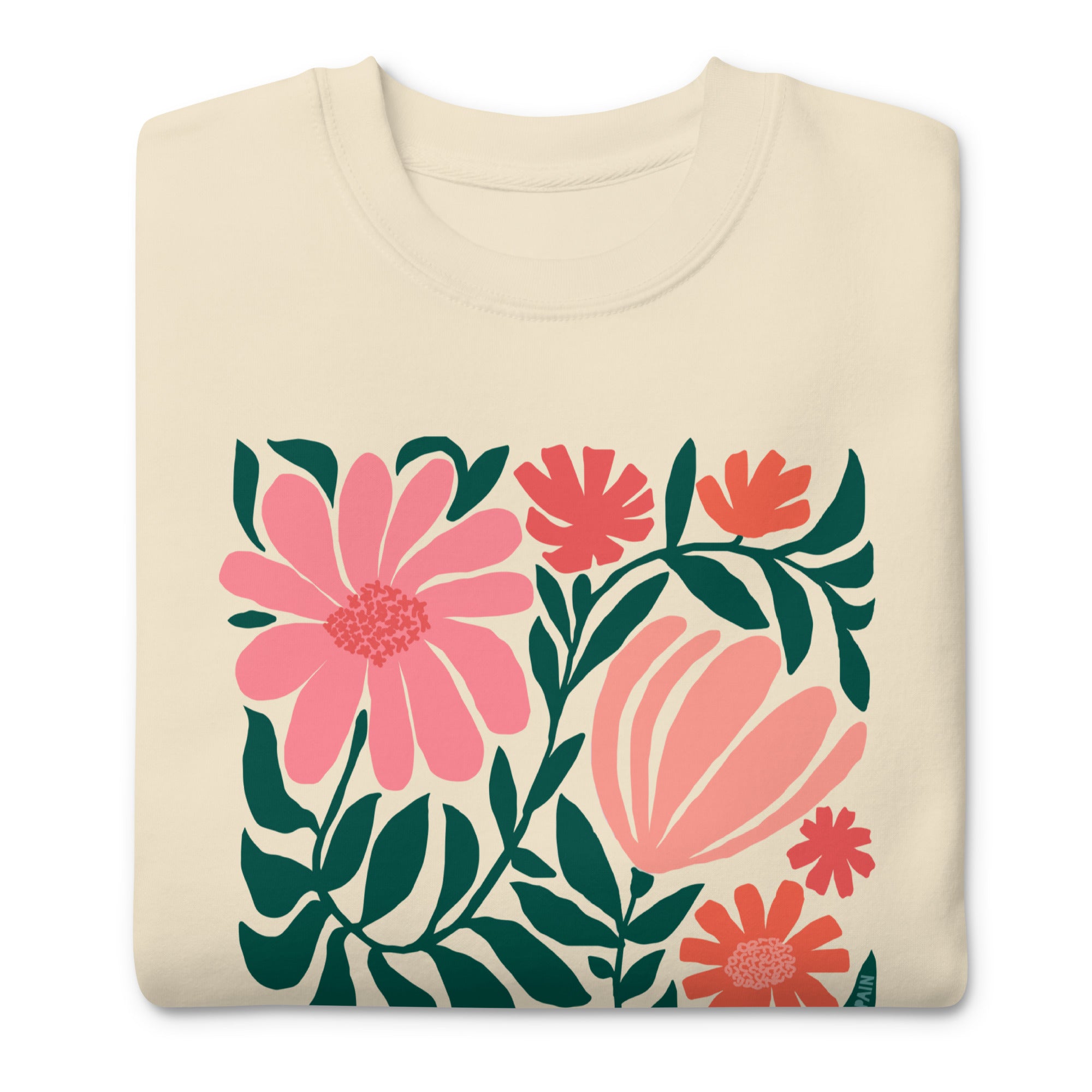 Minimalist floral graphic design with modern botanical illustrations printed on an off-white colored premium crewneck sweatshirt.