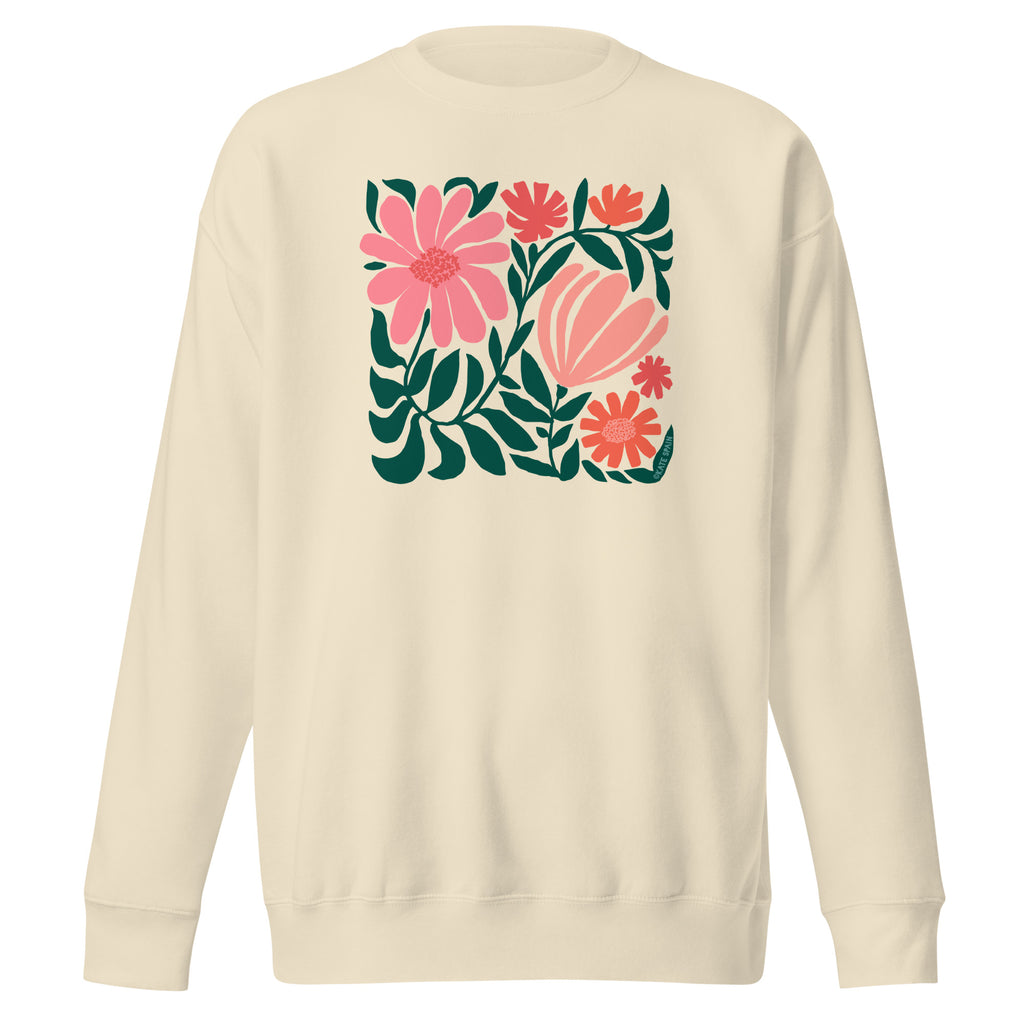 Minimalist floral graphic design with modern botanical illustrations printed on an off-white colored premium crewneck sweatshirt.