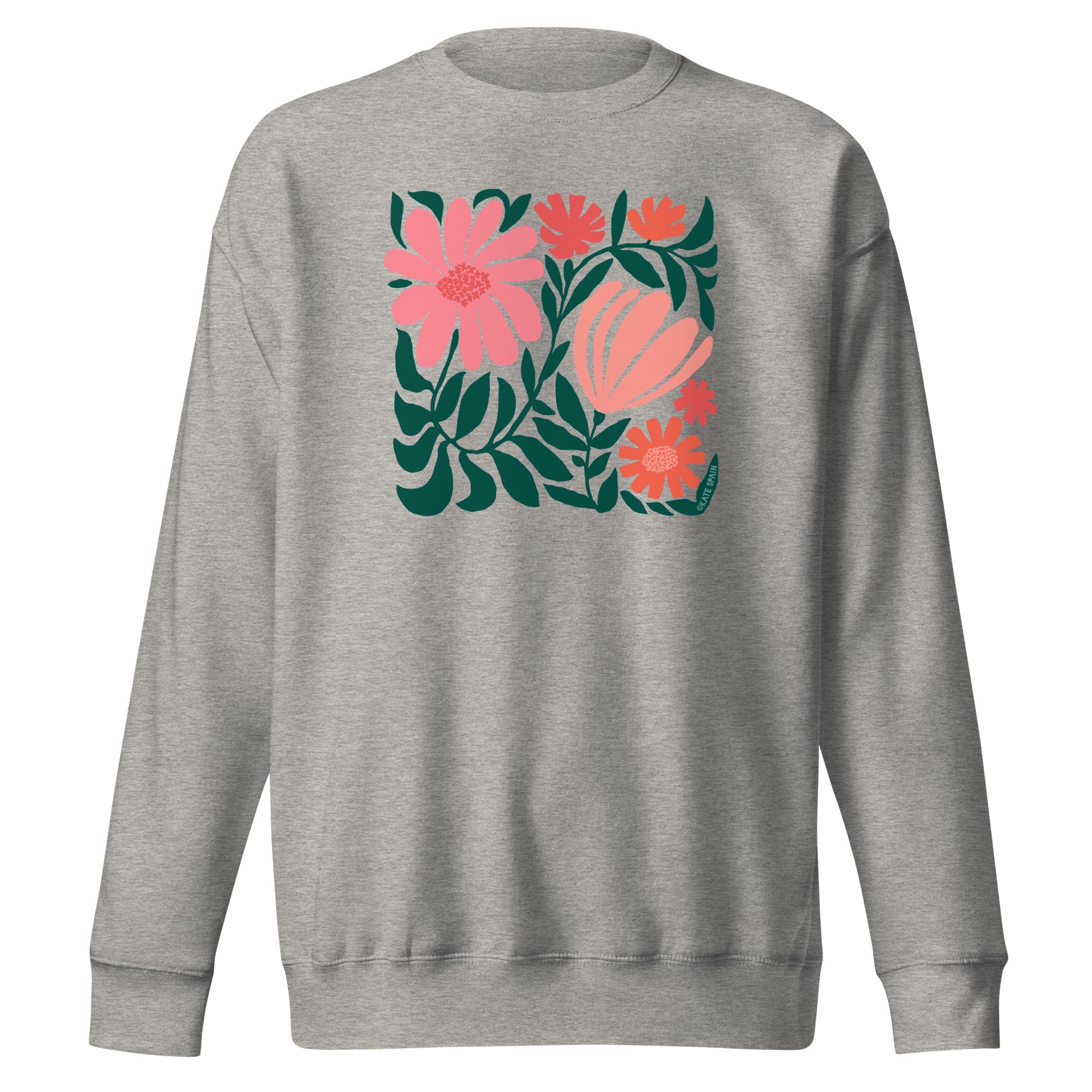 Minimalist floral graphic design with modern botanical illustrations printed on an athletic gray colored premium crewneck sweatshirt.