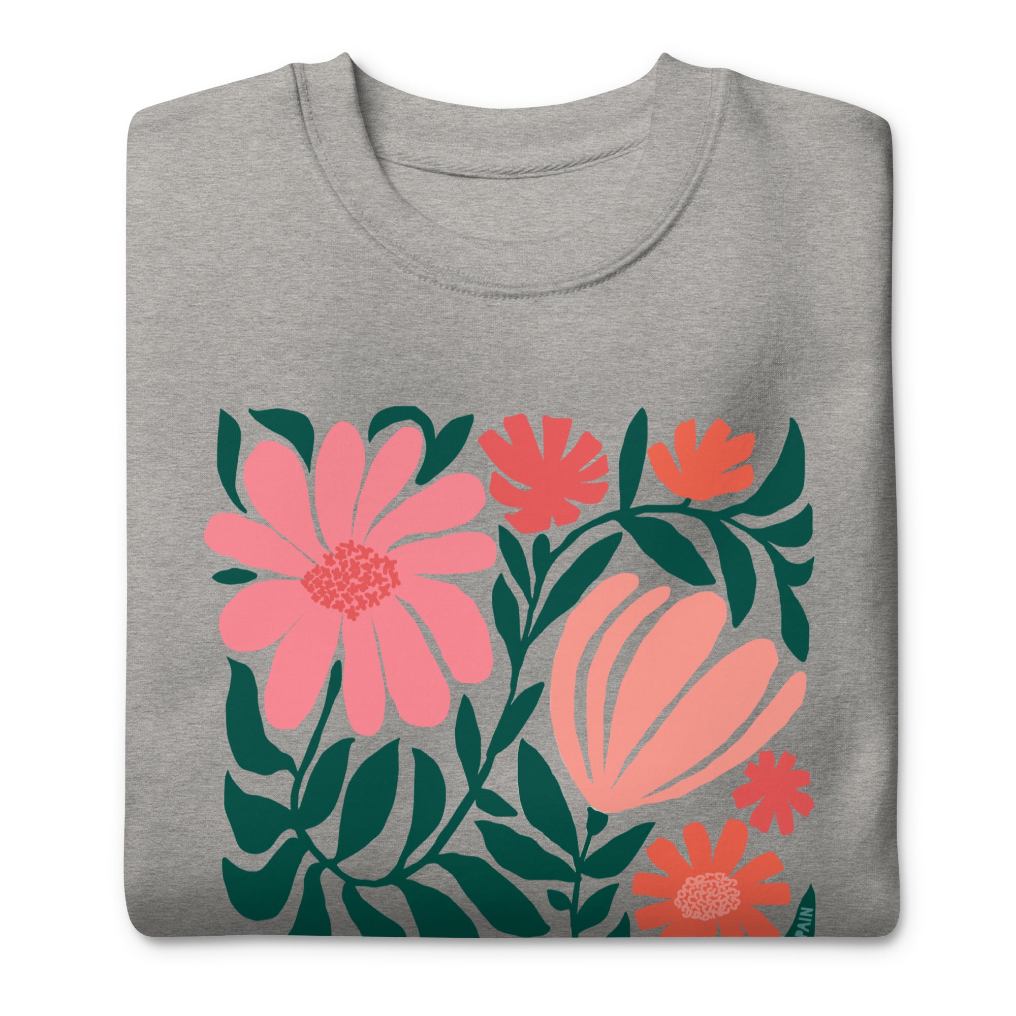 Minimalist floral graphic design with modern botanical illustrations printed on an athletic gray colored premium crewneck sweatshirt.